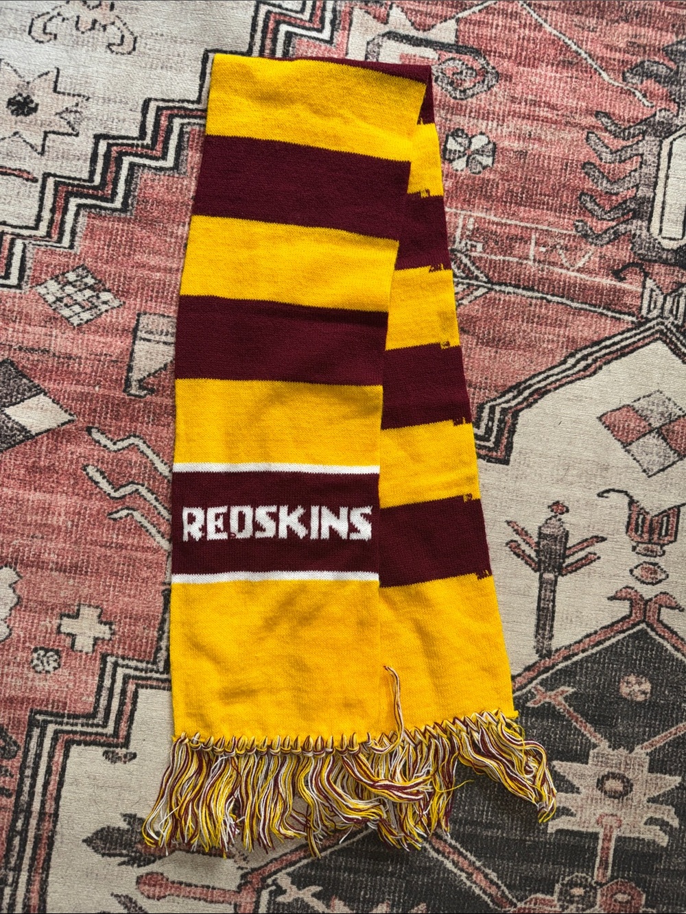 Vintage wool NFL Maroon and Gold Striped Team Scarf with 'Redskins' Logo